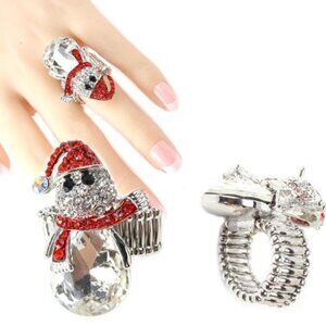 Christmas Ring. Holiday Snowman Adjustable Ring Silver multi Rhinestone Crystal